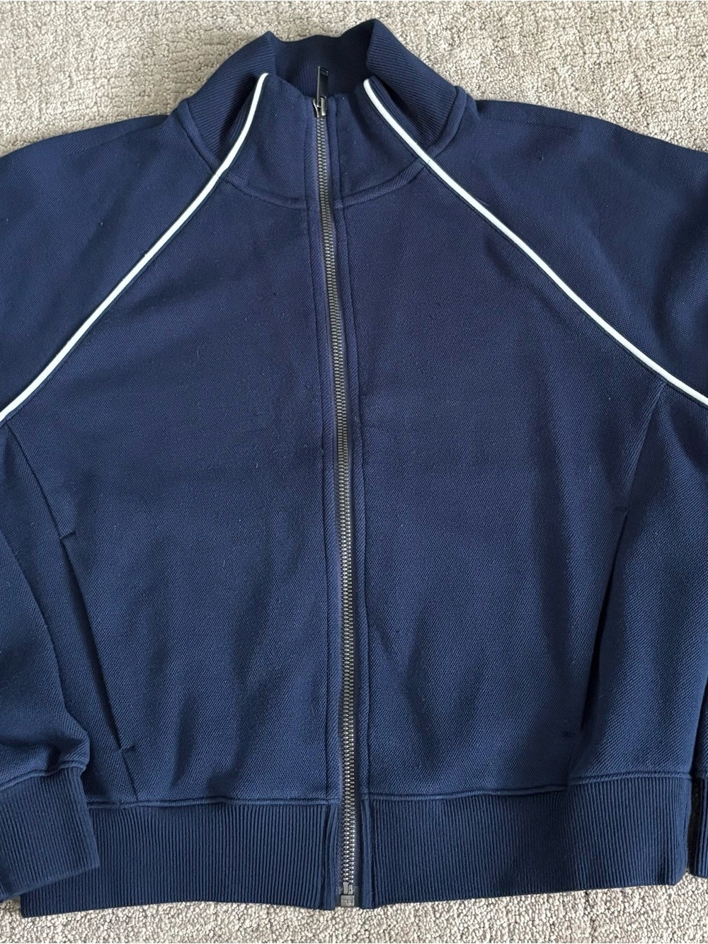 SPANX air essentials Navy Track Zip Jacket with White Piping